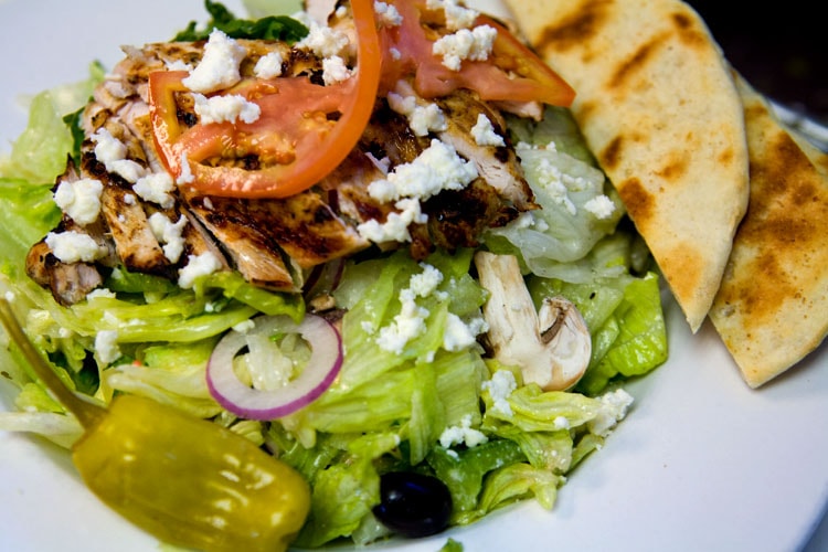 Fazzi's Favorite Salad with grilled chicken, feta, and pita