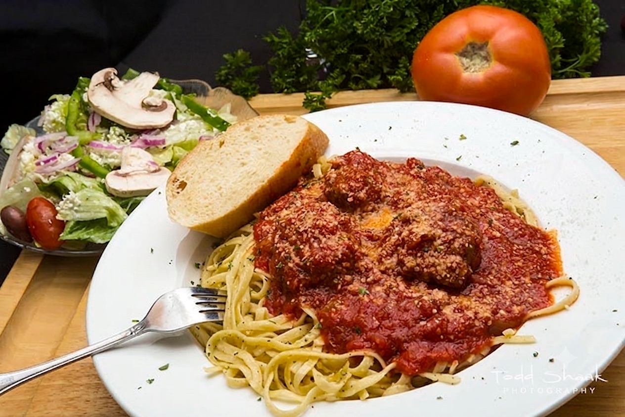Fazzi's spaghetti with homemade meatballs and marinara sauce